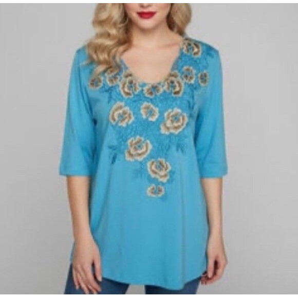 Susan Graver 3X Liquid Knit Top Blue Floral Short Sleeve V-Neck - Picture 1 of 9